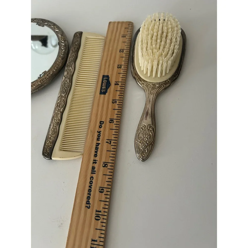 Vintage Silver Tone Ornate Repousse Vanity Set Mirror Brush Comb 3 Piece Floral